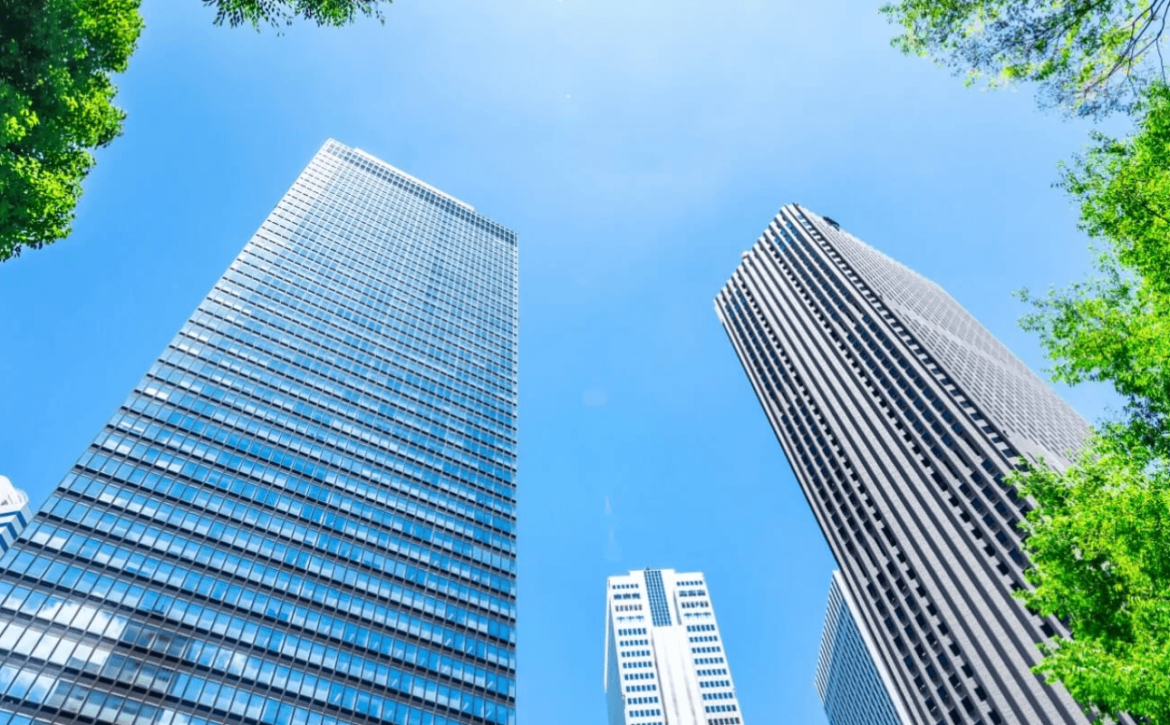 hotel buildings against a blue sky