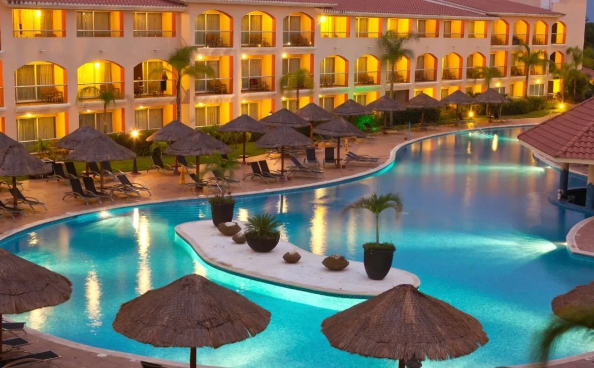 Resort pool at dusk