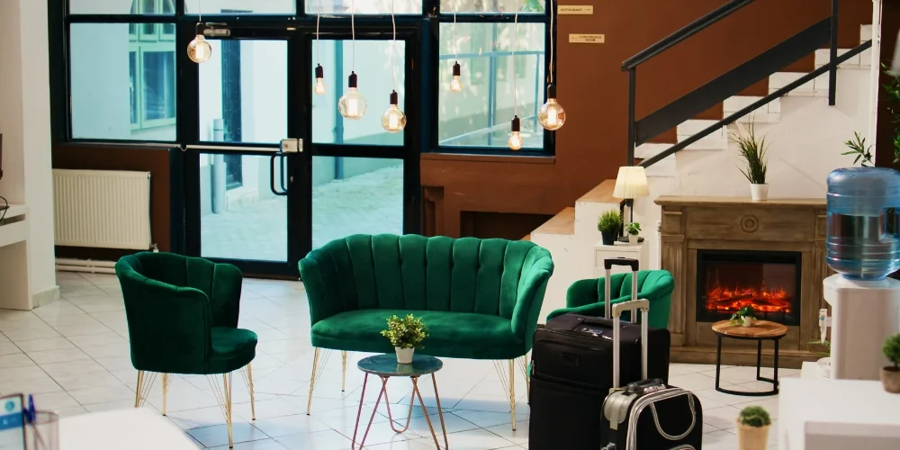 Hotel lobby with green chairs