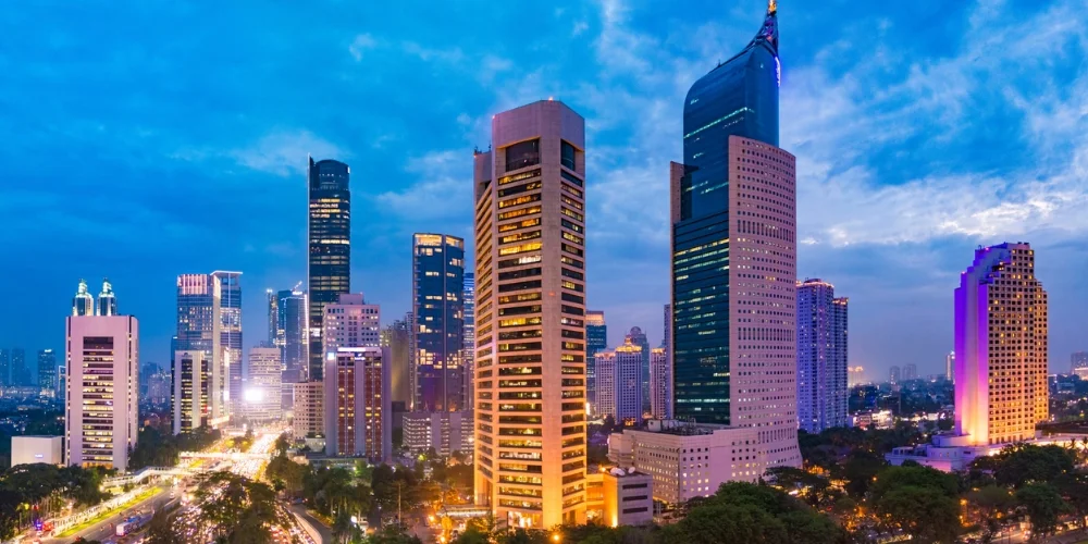 City with hotel buildings at night